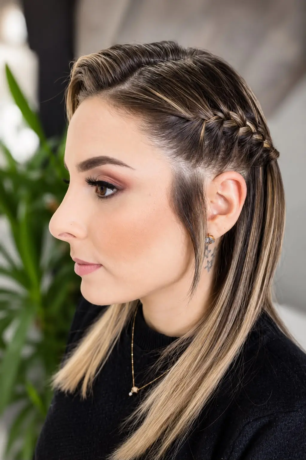 Penteado com trança e mechas realizado pela UP Cabeleireiros